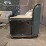 Modern Luxury Sofa Set with High-Gloss Natural Burl Wood Veneer, Gold Stainless Steel Trim & Dual-Tone Upholstery